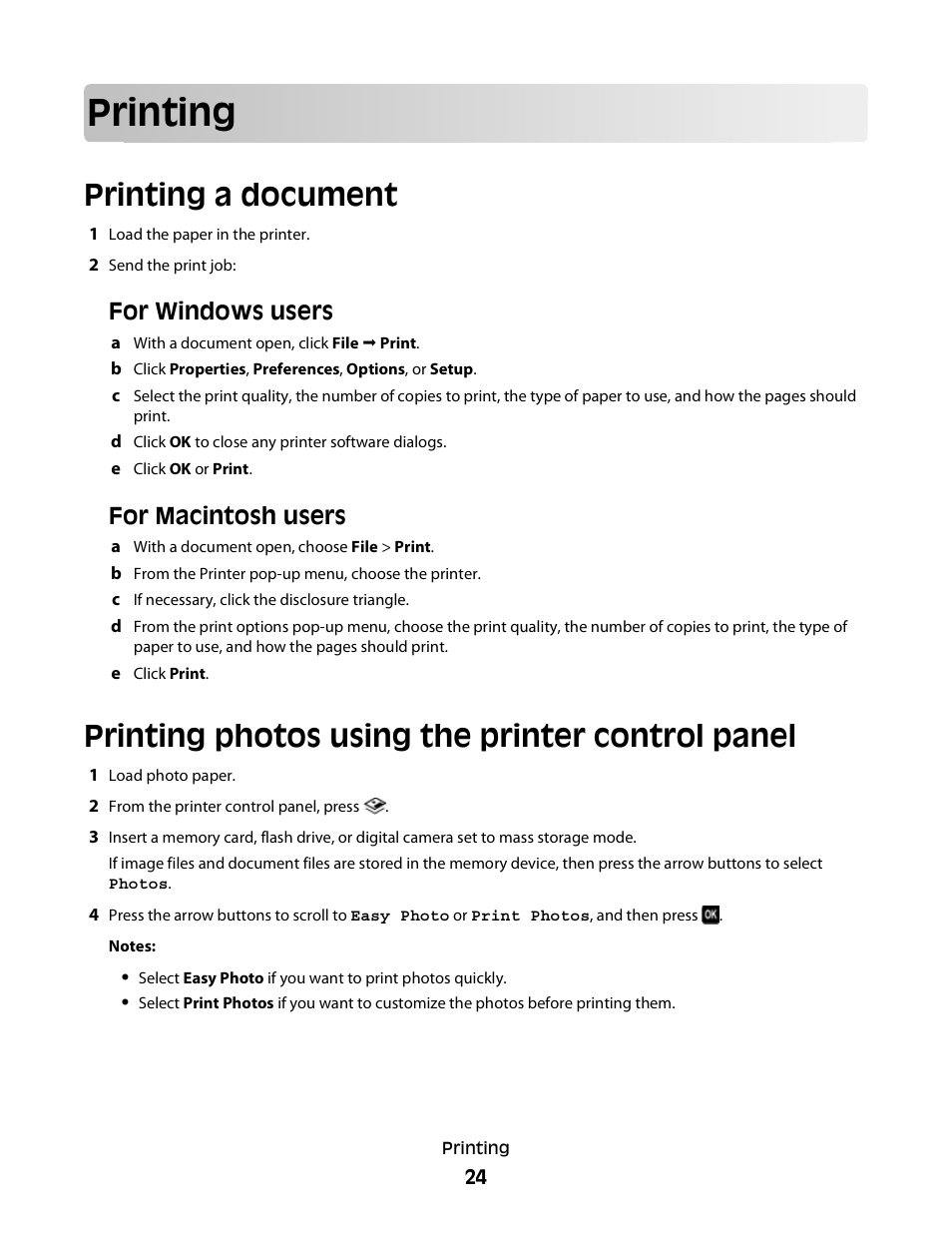 Printing, Printing a document, Printing photos using the printer control panel | For windows users, For macintosh users | Lexmark Interpret S400 User Manual | Page 24 / 40
