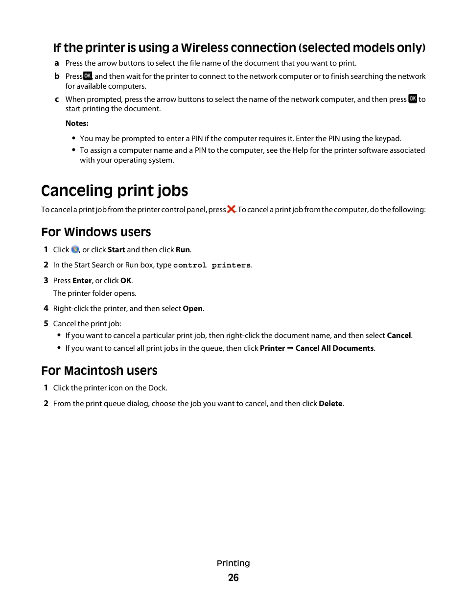 Canceling print jobs, For windows users, For macintosh users | Lexmark Interpret S400 User Manual | Page 26 / 40