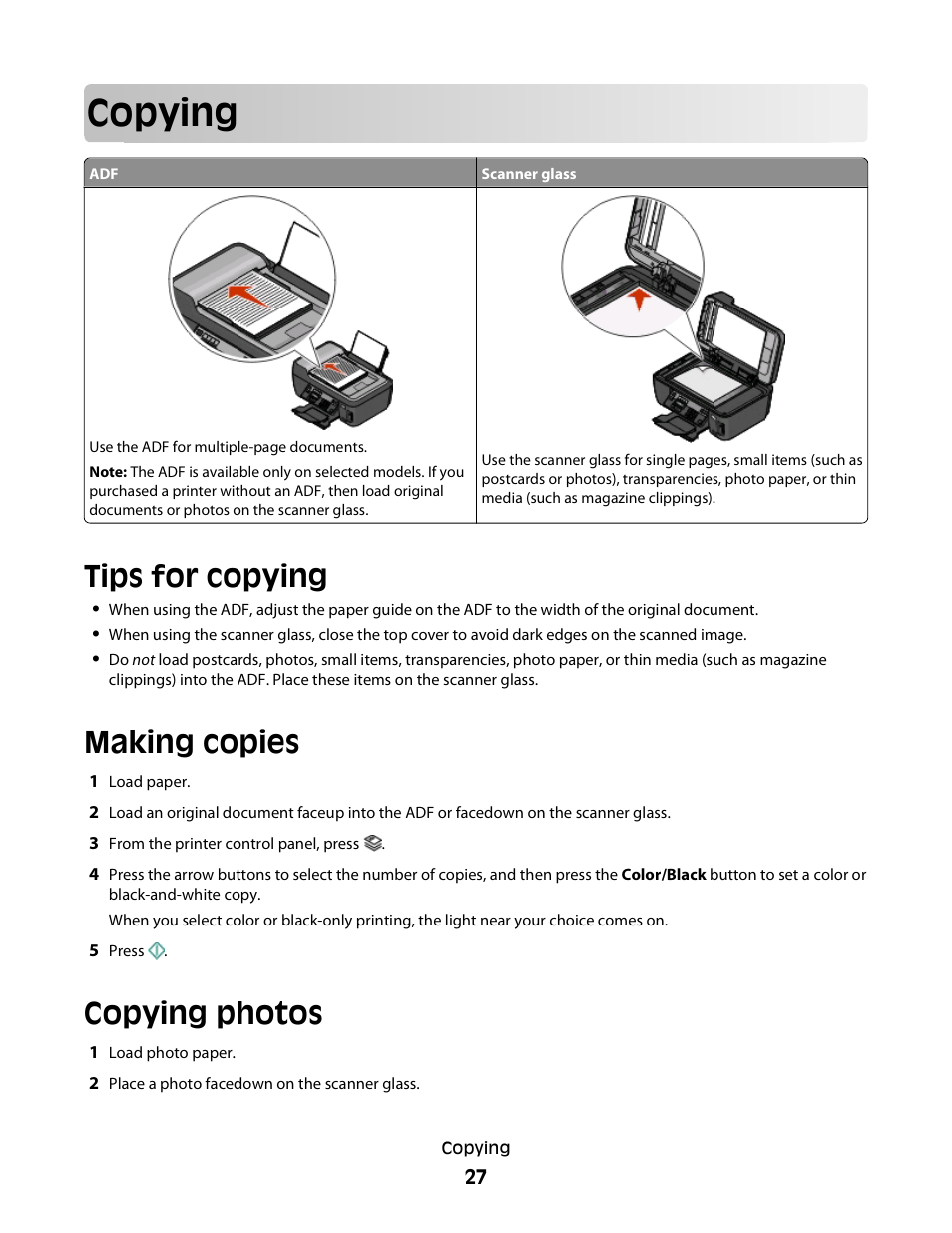 Copying, Tips for copying, Making copies | Copying photos | Lexmark Interpret S400 User Manual | Page 27 / 40