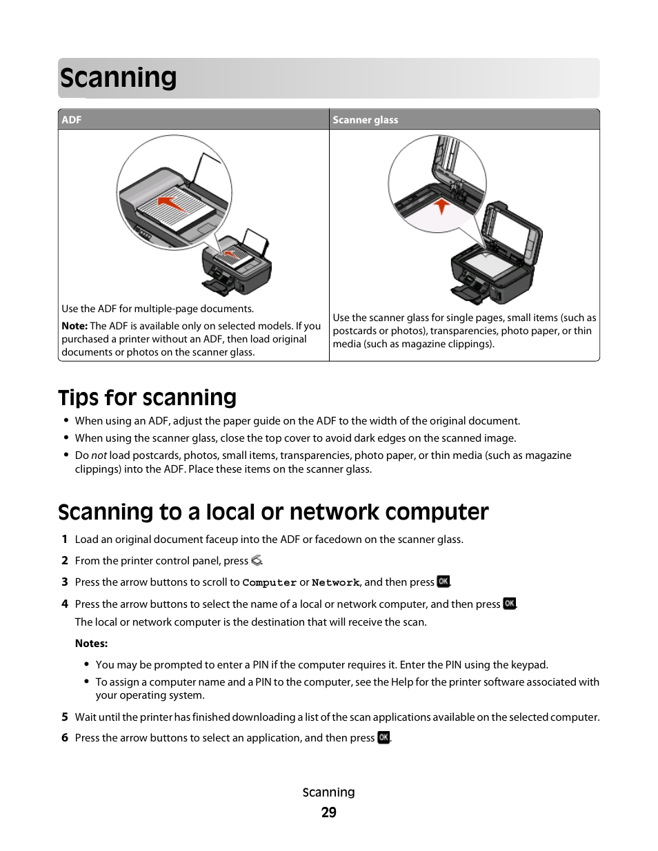 Scanning, Tips for scanning, Scanning to a local or network computer | Lexmark Interpret S400 User Manual | Page 29 / 40