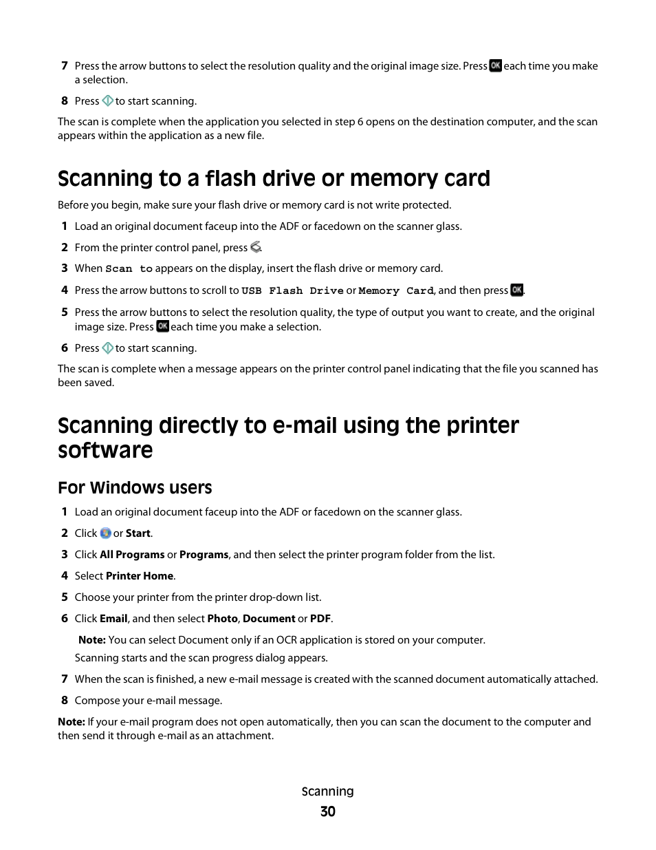 Scanning to a flash drive or memory card, For windows users | Lexmark Interpret S400 User Manual | Page 30 / 40