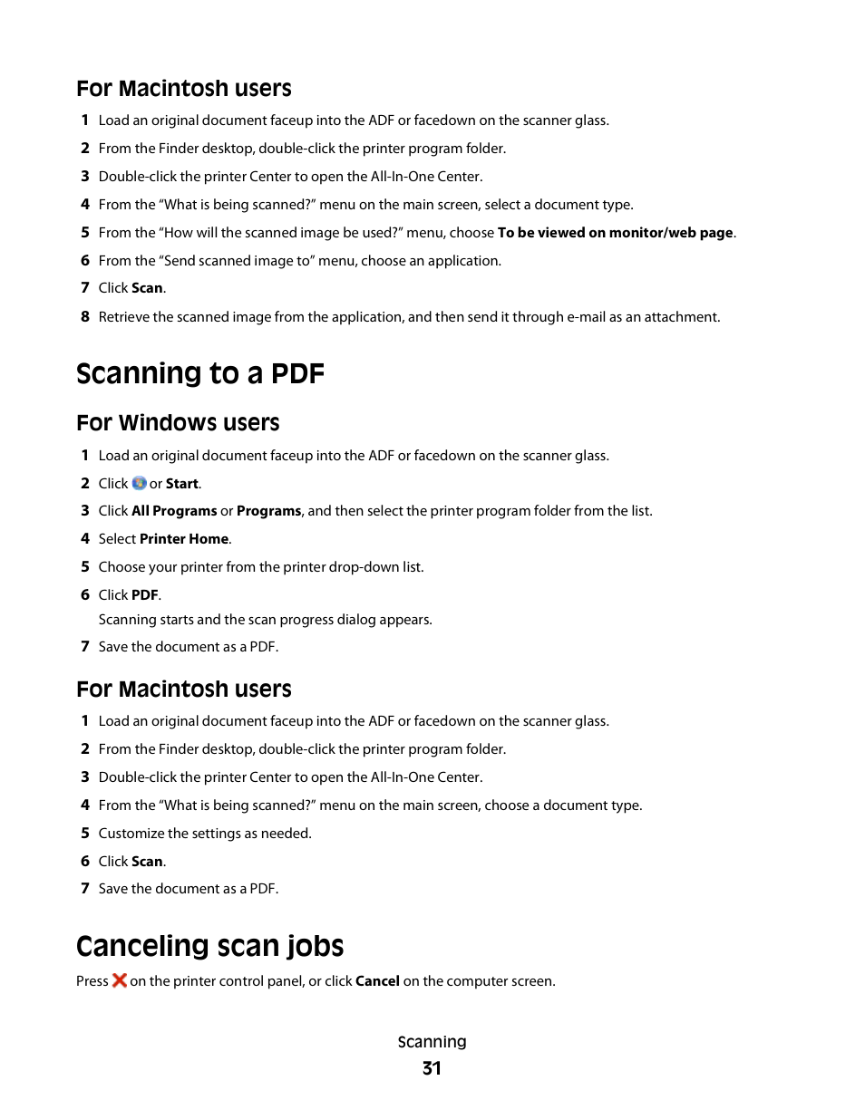 Scanning to a pdf, Canceling scan jobs, For macintosh users | For windows users | Lexmark Interpret S400 User Manual | Page 31 / 40