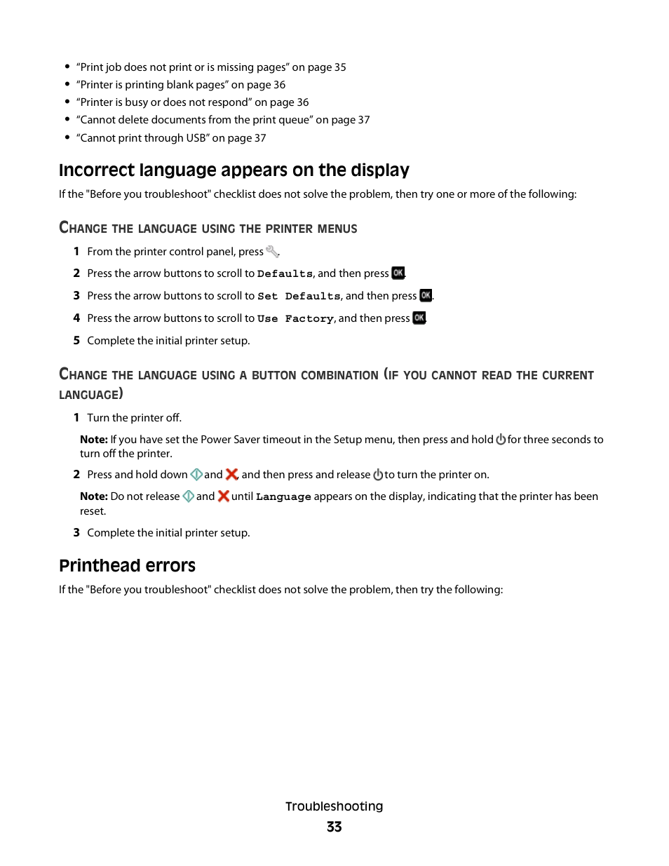 Incorrect language appears on the display, Printhead errors | Lexmark Interpret S400 User Manual | Page 33 / 40