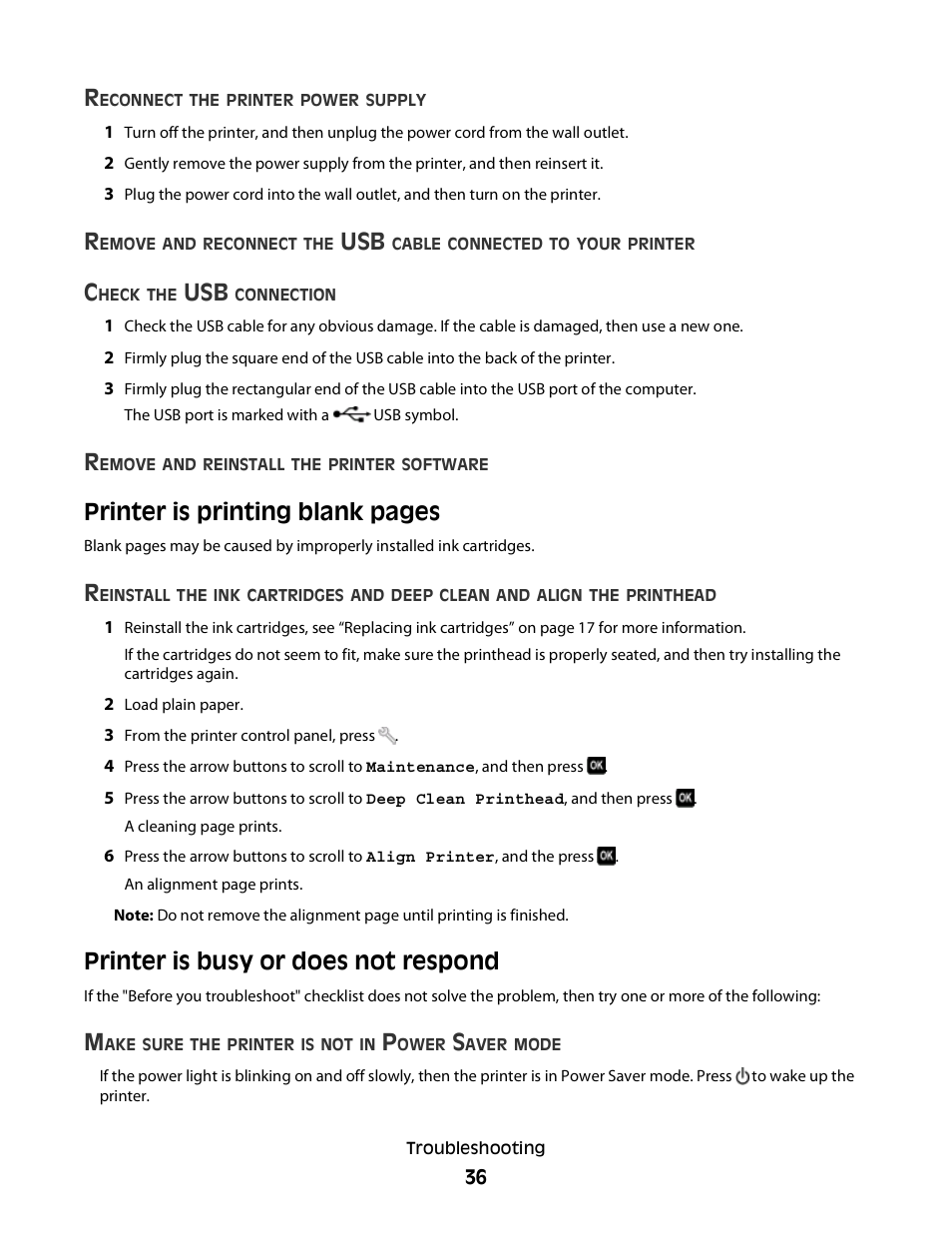 Printer is busy or does not respond, Printer is printing blank pages | Lexmark Interpret S400 User Manual | Page 36 / 40