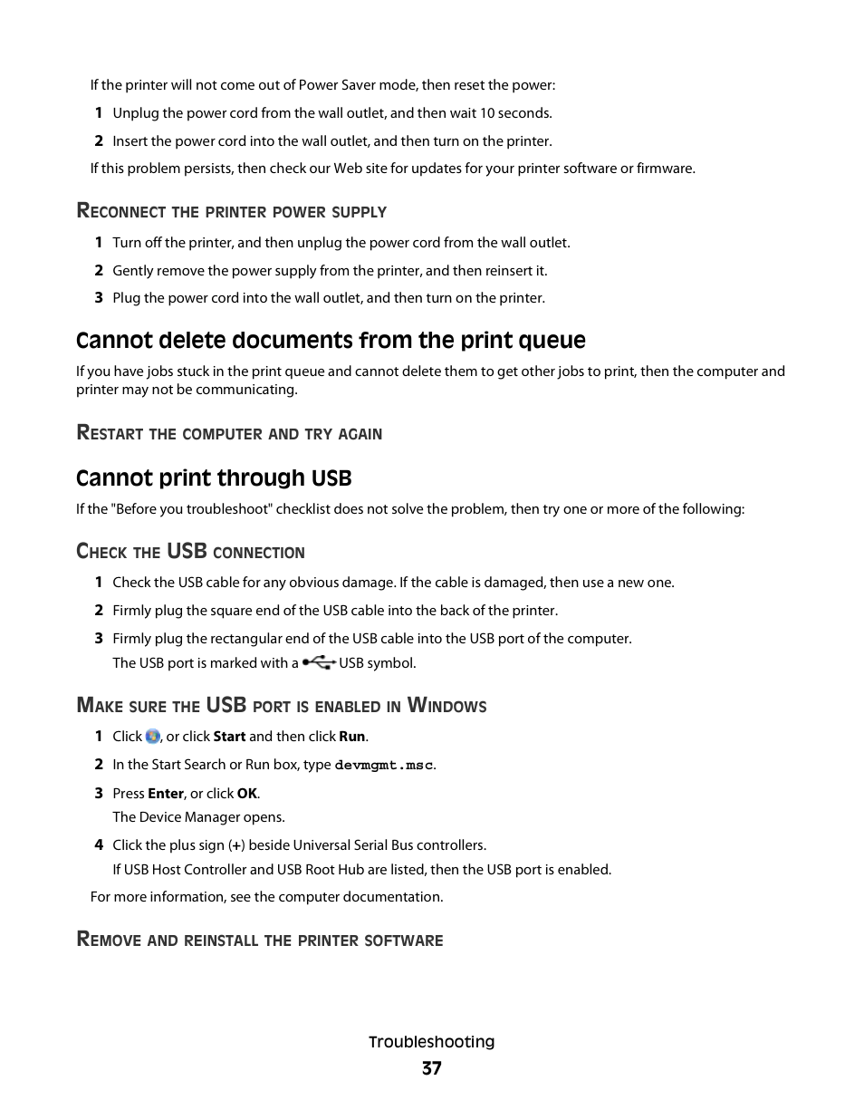 Cannot delete documents from the print queue, Cannot print through usb | Lexmark Interpret S400 User Manual | Page 37 / 40