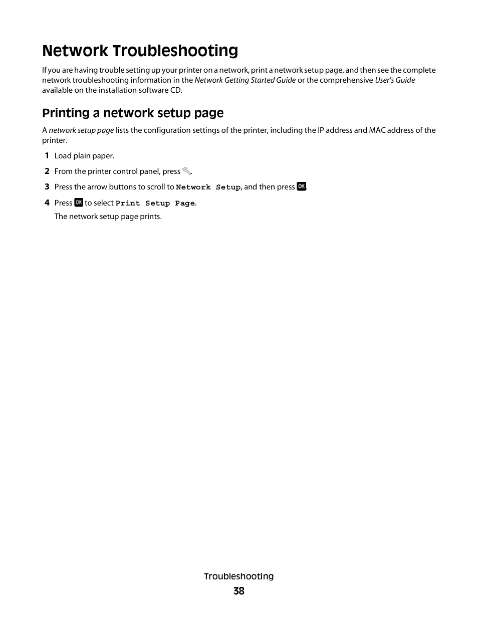 Network troubleshooting, Printing a network setup page | Lexmark Interpret S400 User Manual | Page 38 / 40