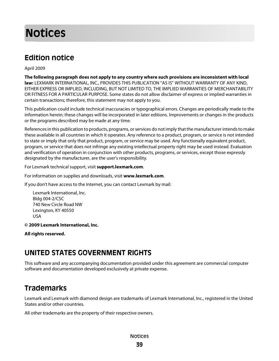 Notices, Edition notice, United states government rights | Trademarks | Lexmark Interpret S400 User Manual | Page 39 / 40