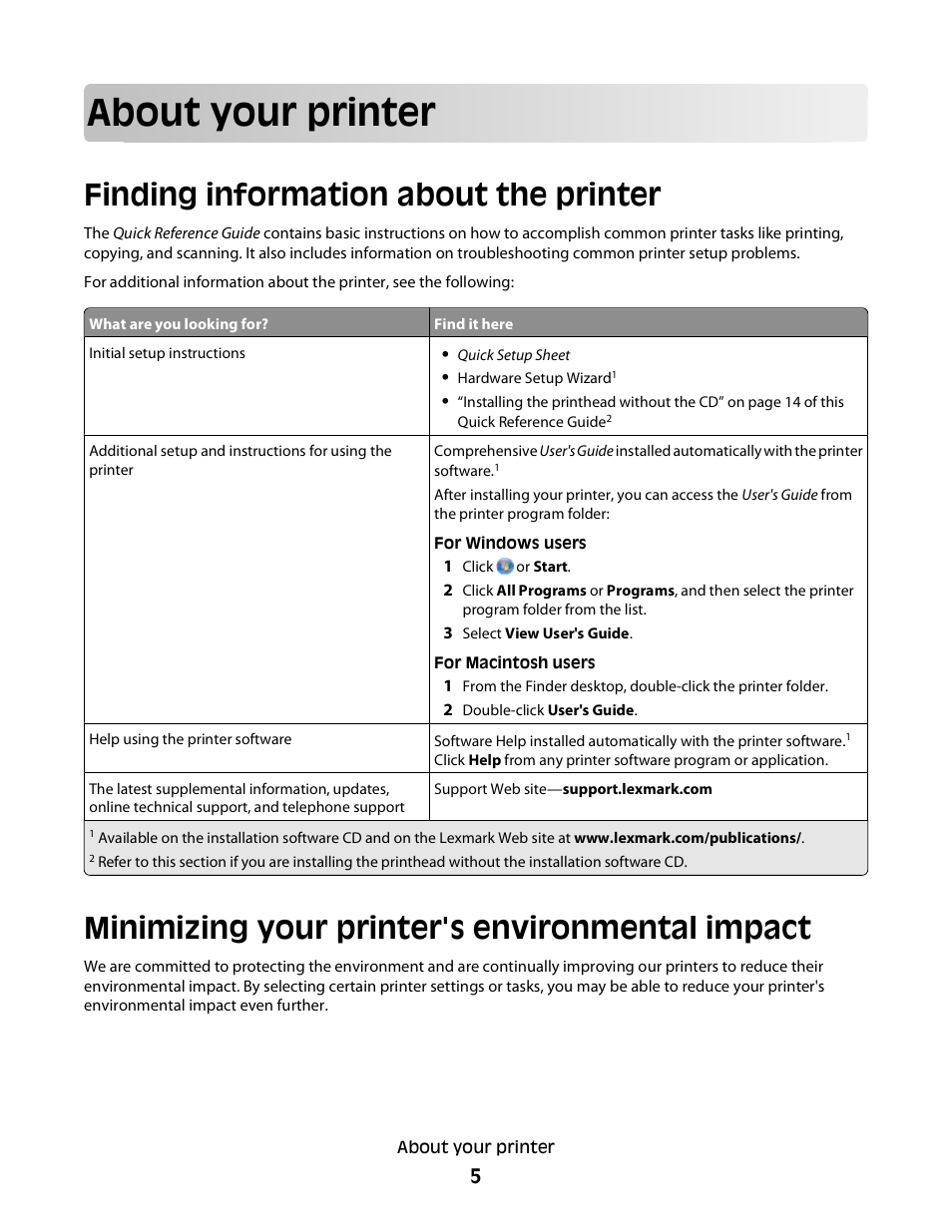About your printer, Finding information about the printer, Minimizing your printer's environmental impact | Lexmark Interpret S400 User Manual | Page 5 / 40