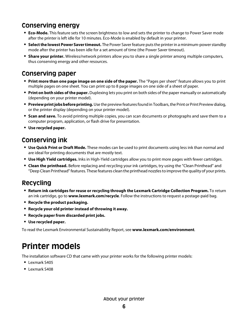 Printer models, Conserving energy, Conserving paper | Conserving ink, Recycling | Lexmark Interpret S400 User Manual | Page 6 / 40