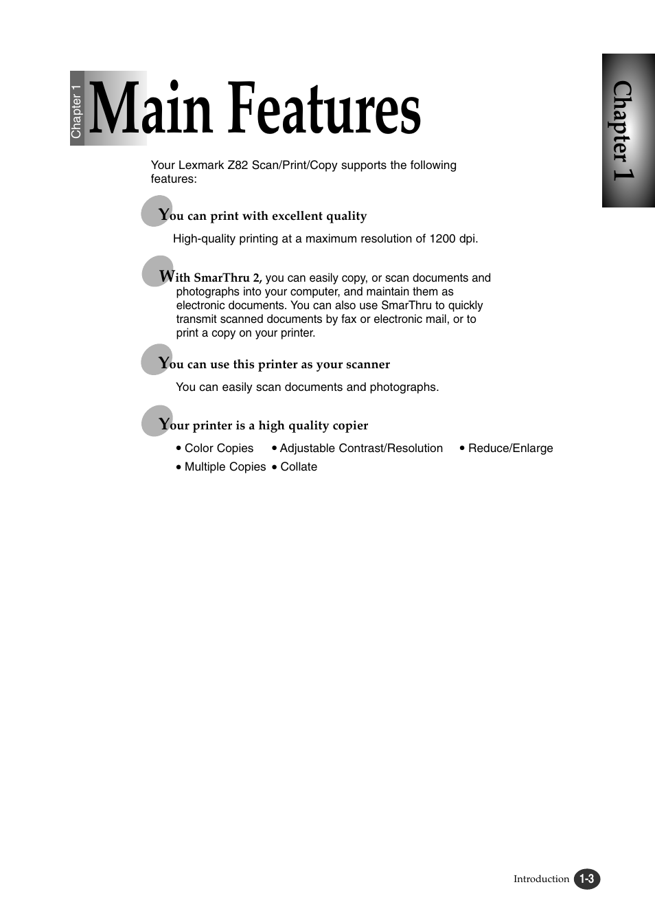 Main features, Chapter | Lexmark Z82 User Manual | Page 15 / 105
