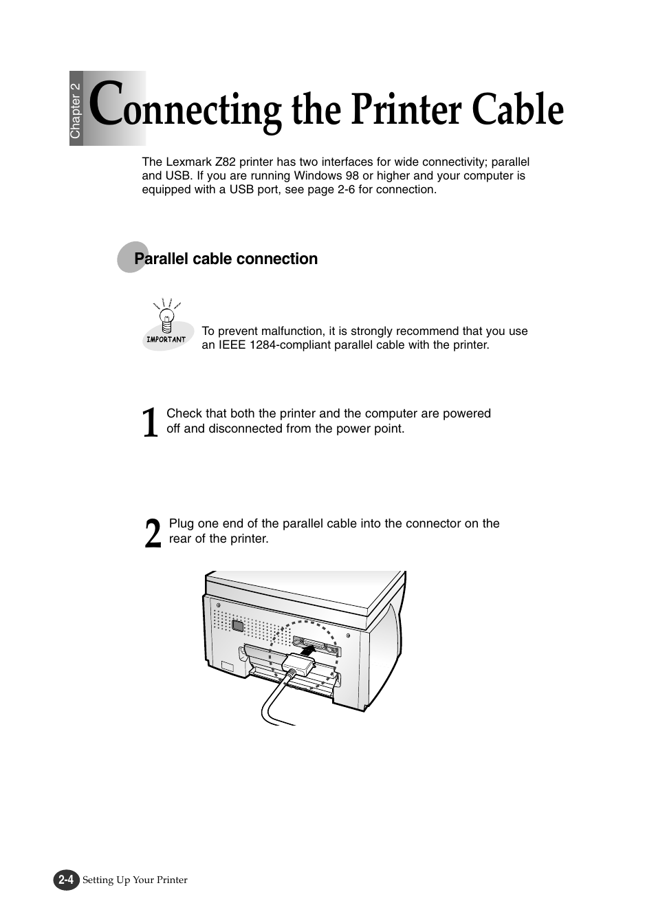 Onnecting the printer cable | Lexmark Z82 User Manual | Page 22 / 105