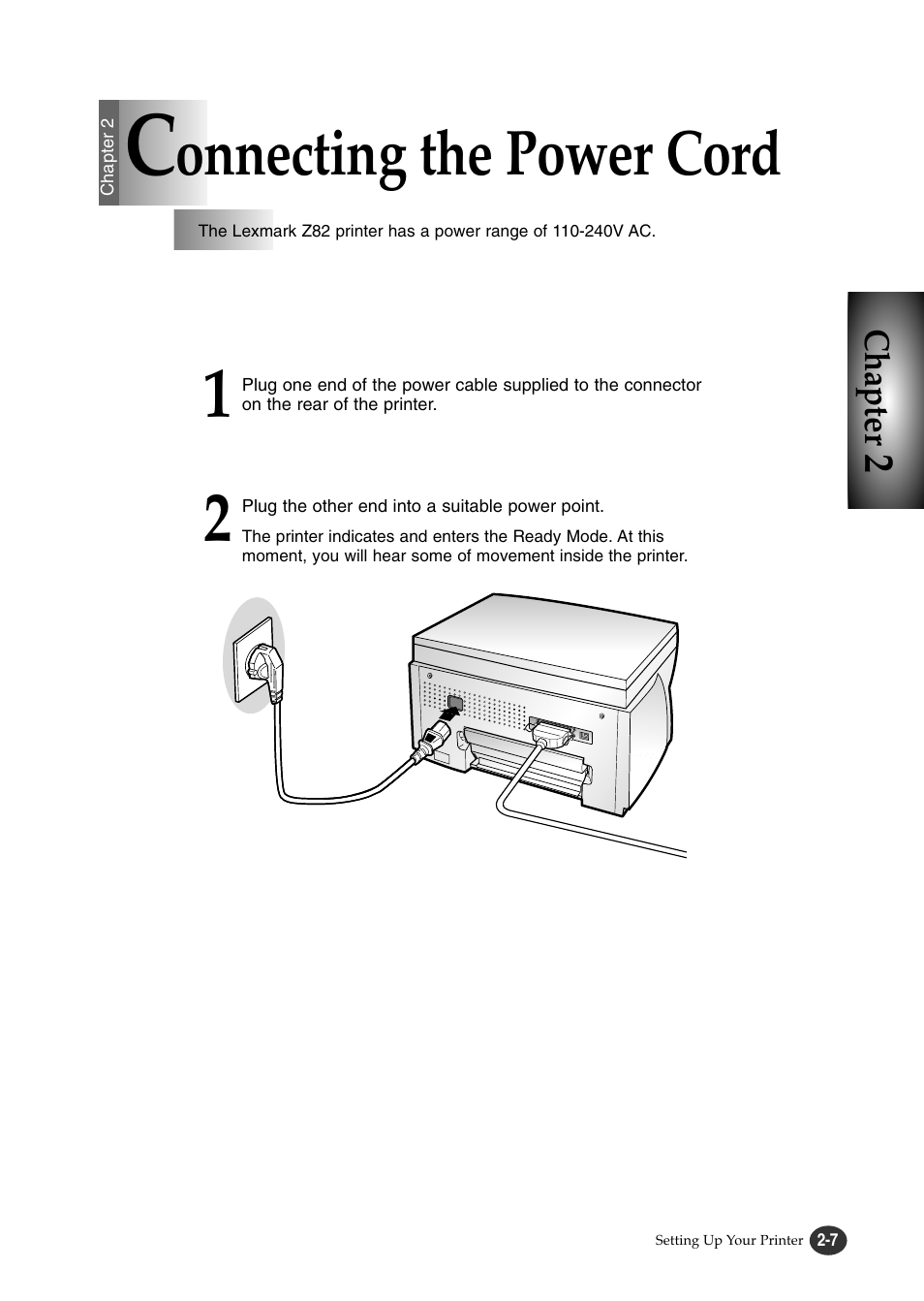 Onnecting the power cord | Lexmark Z82 User Manual | Page 25 / 105