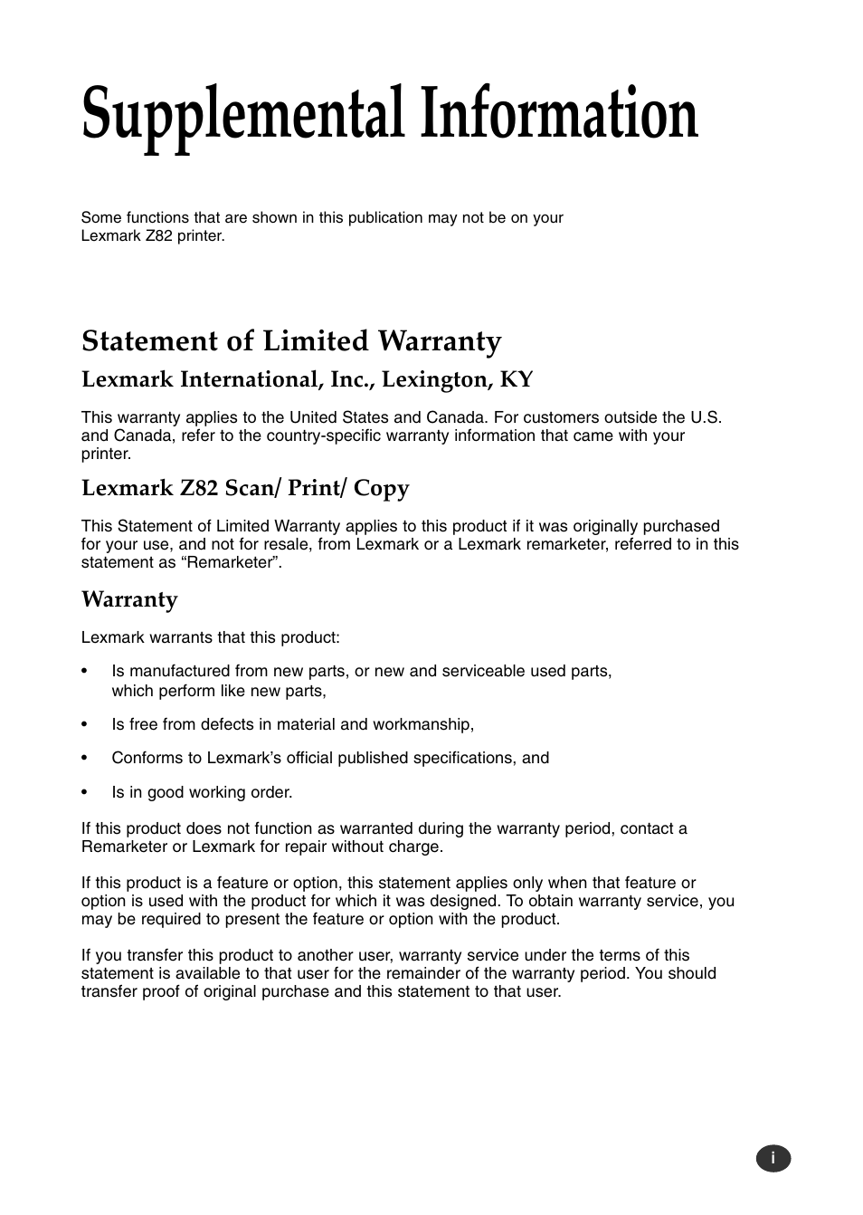 Supplemental information, Statement of limited warranty | Lexmark Z82 User Manual | Page 3 / 105