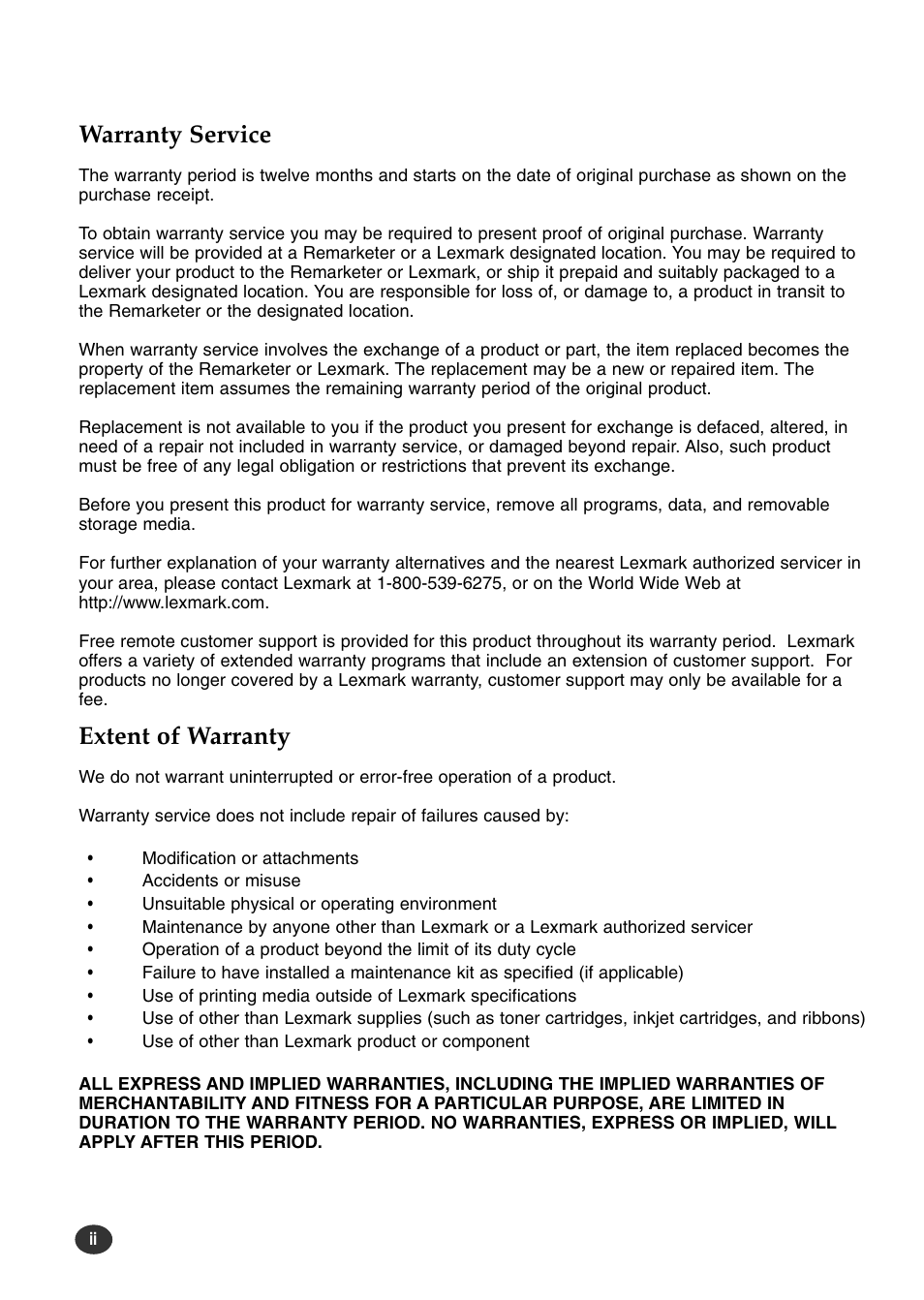 Warranty service, Extent of warranty | Lexmark Z82 User Manual | Page 4 / 105