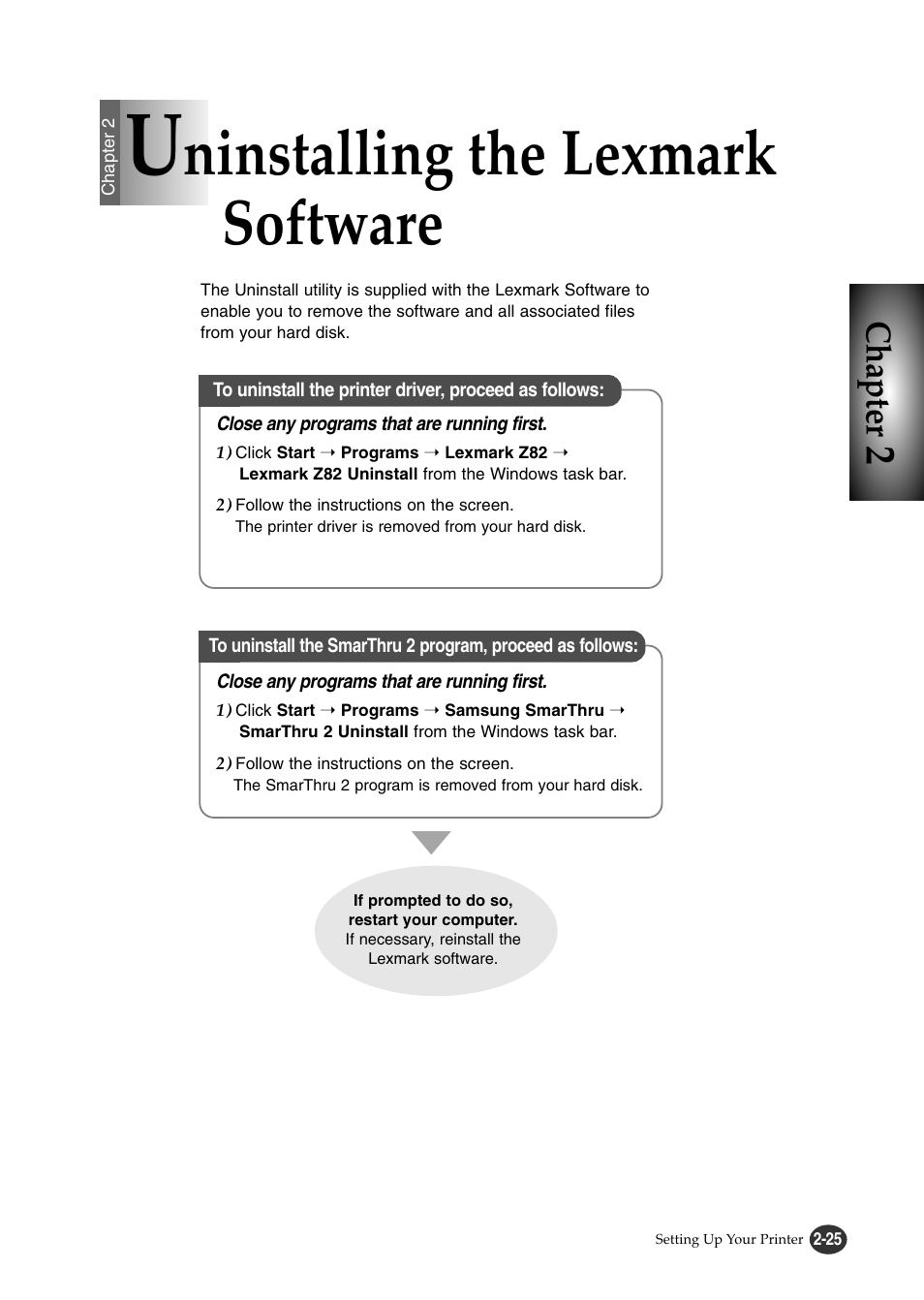 Ninstalling the lexmark software, Chapter | Lexmark Z82 User Manual | Page 43 / 105