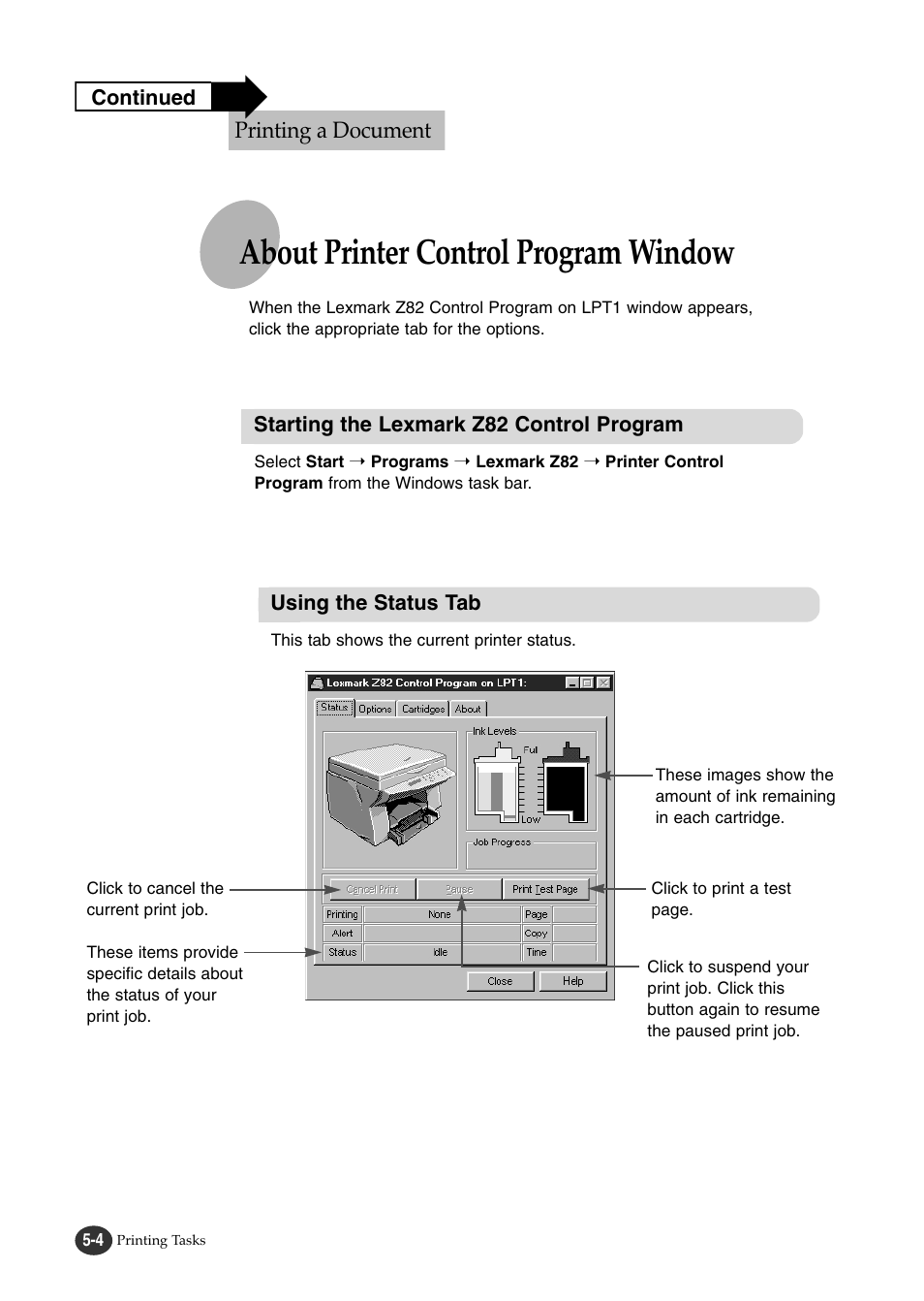 About printer control program window, Printing a document | Lexmark Z82 User Manual | Page 58 / 105