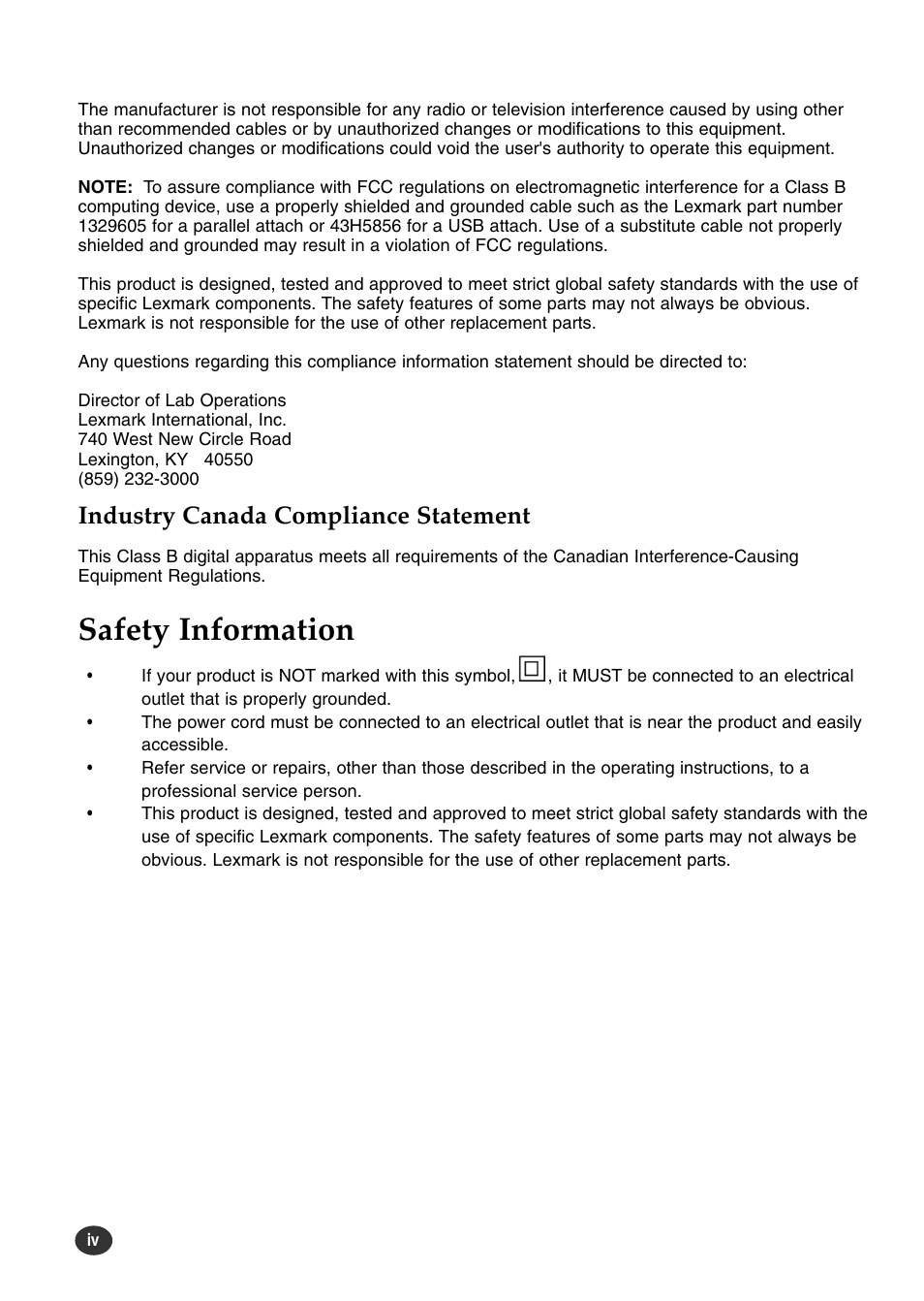 Safety information, Industry canada compliance statement | Lexmark Z82 User Manual | Page 6 / 105