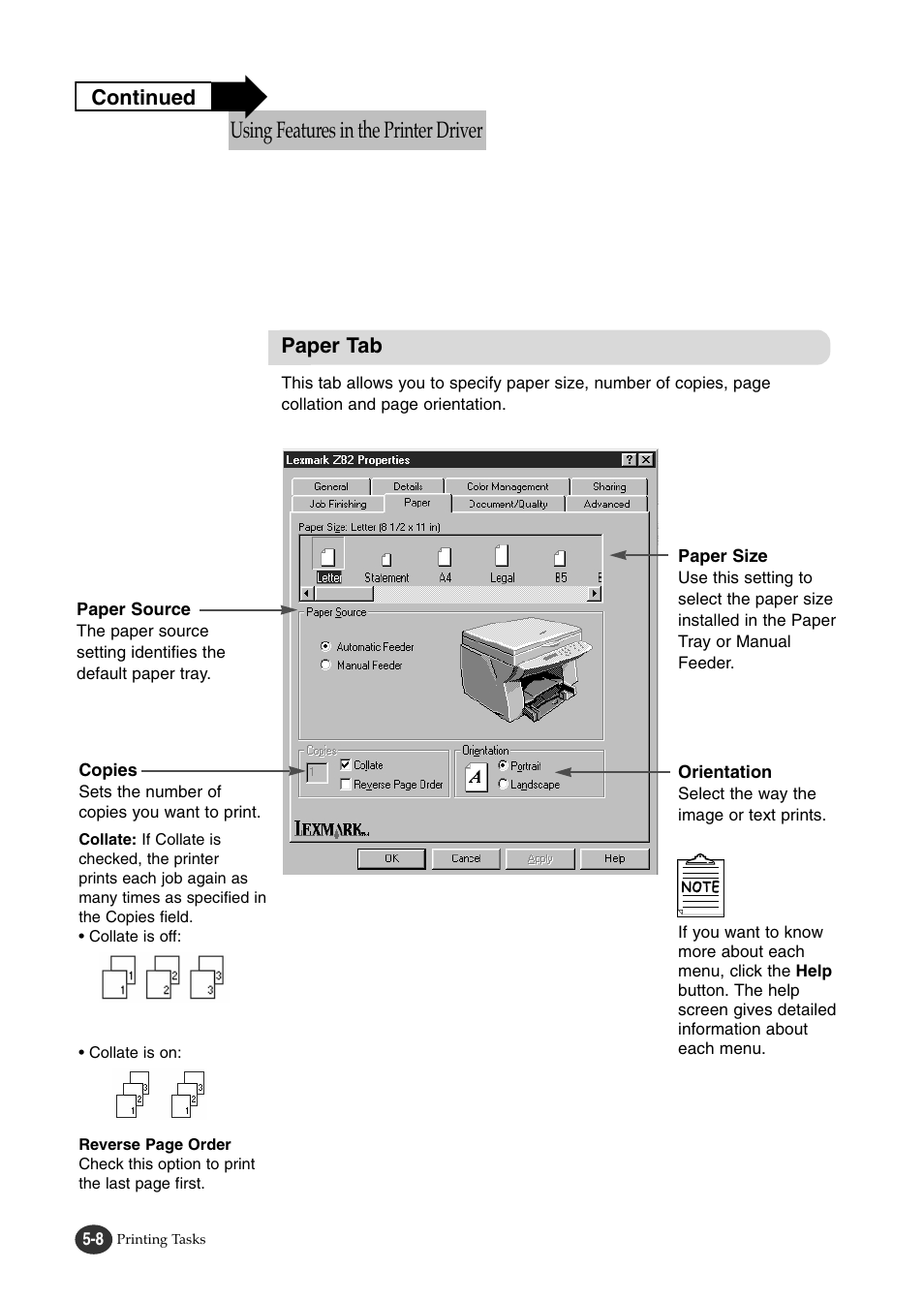 Using features in the printer driver | Lexmark Z82 User Manual | Page 62 / 105