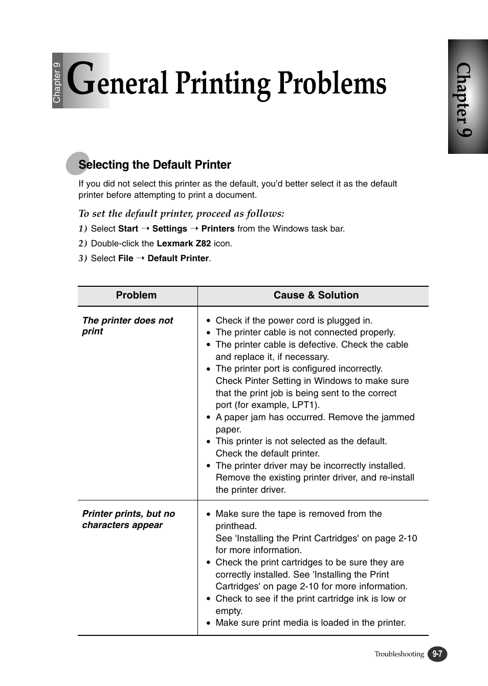 Eneral printing problems, Chapter, Selecting the default printer | Lexmark Z82 User Manual | Page 91 / 105