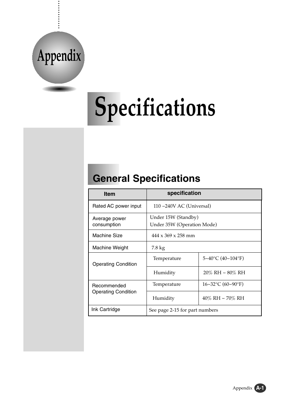 Pecifications, Appendix, General specifications | Lexmark Z82 User Manual | Page 99 / 105