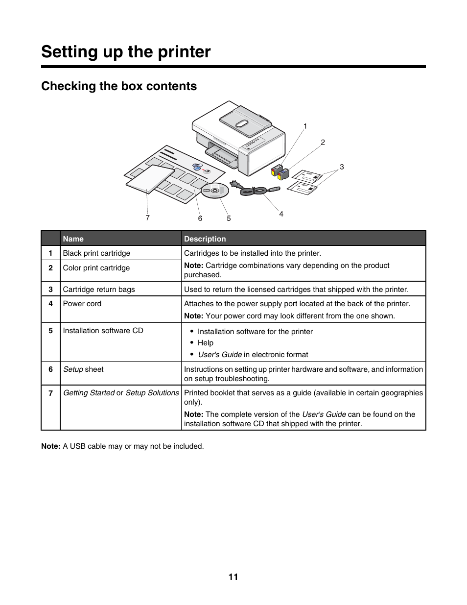 Setting up the printer, Checking the box contents | Lexmark 2500 Series User Manual | Page 11 / 76