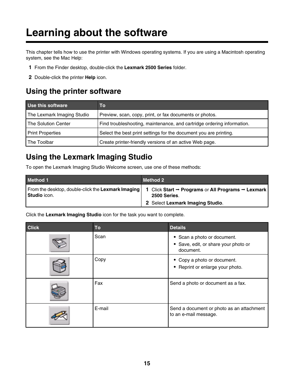 Learning about the software, Using the printer software, Using the lexmark imaging studio | Lexmark 2500 Series User Manual | Page 15 / 76