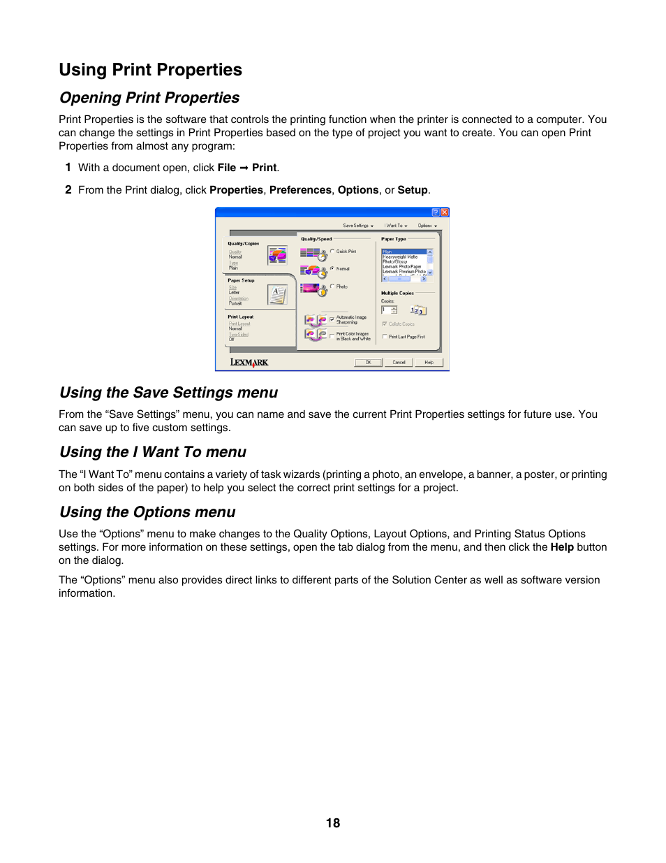 Using print properties, Opening print properties, Using the save settings menu | Using the i want to menu, Using the options menu | Lexmark 2500 Series User Manual | Page 18 / 76