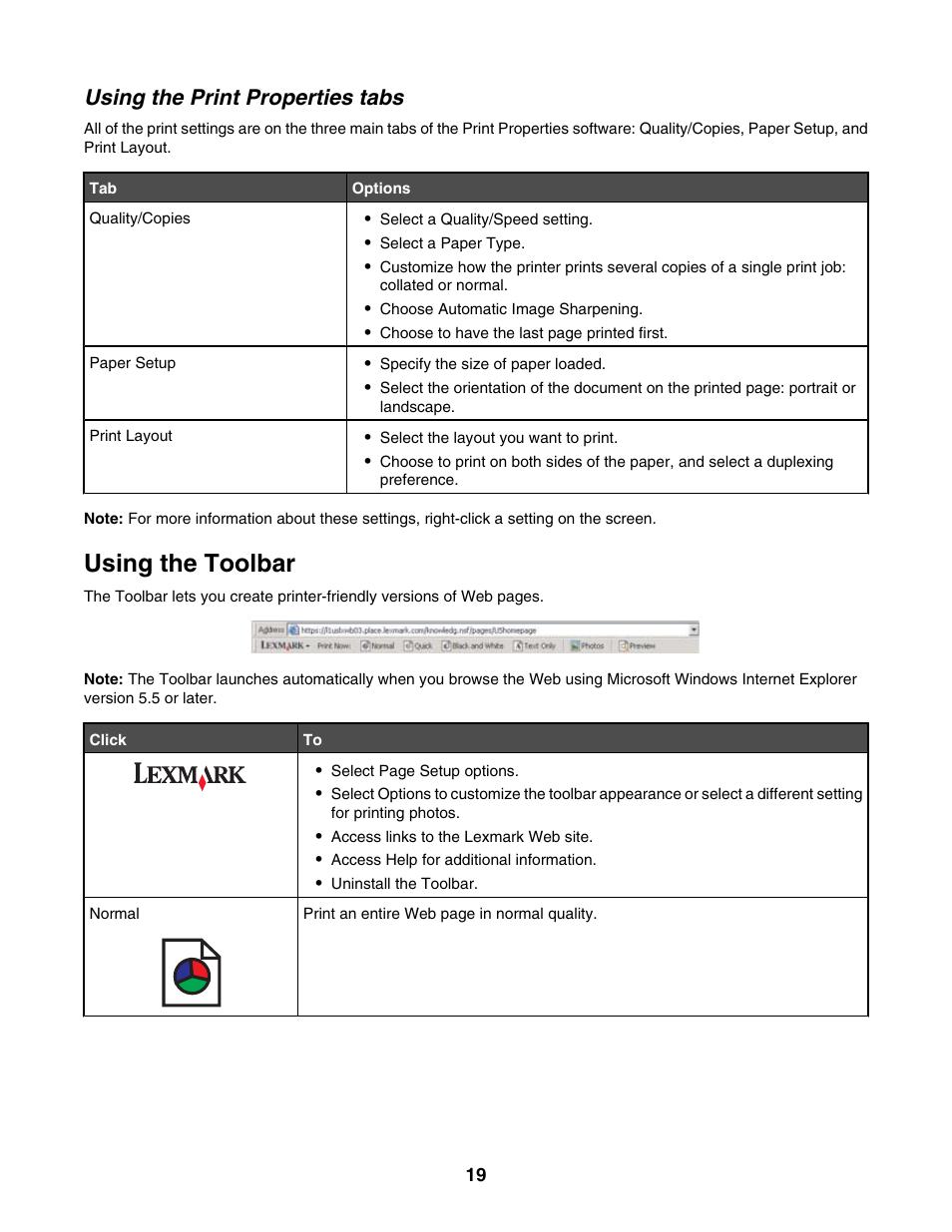 Using the print properties tabs, Using the toolbar | Lexmark 2500 Series User Manual | Page 19 / 76