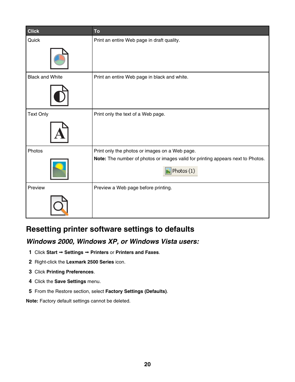 Resetting printer software settings to defaults, Windows 2000, windows xp, or windows vista users | Lexmark 2500 Series User Manual | Page 20 / 76