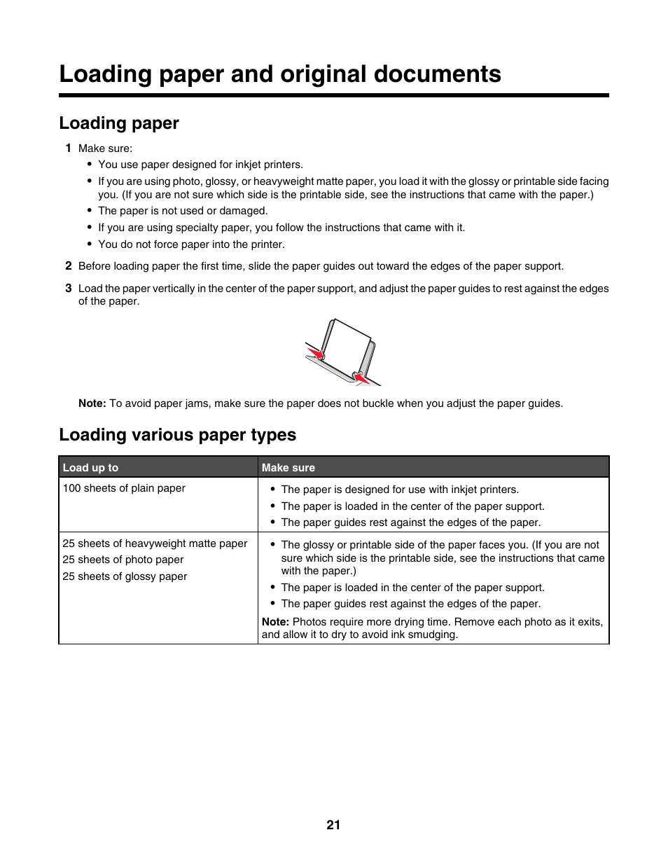 Loading paper and original documents, Loading paper, Loading various paper types | Lexmark 2500 Series User Manual | Page 21 / 76