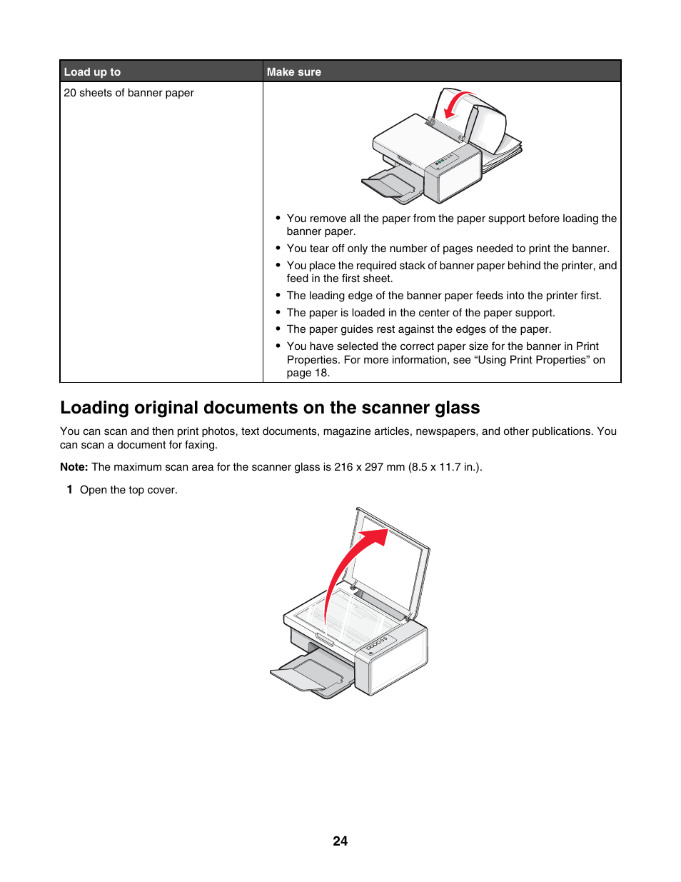 Loading original documents on the scanner glass | Lexmark 2500 Series User Manual | Page 24 / 76