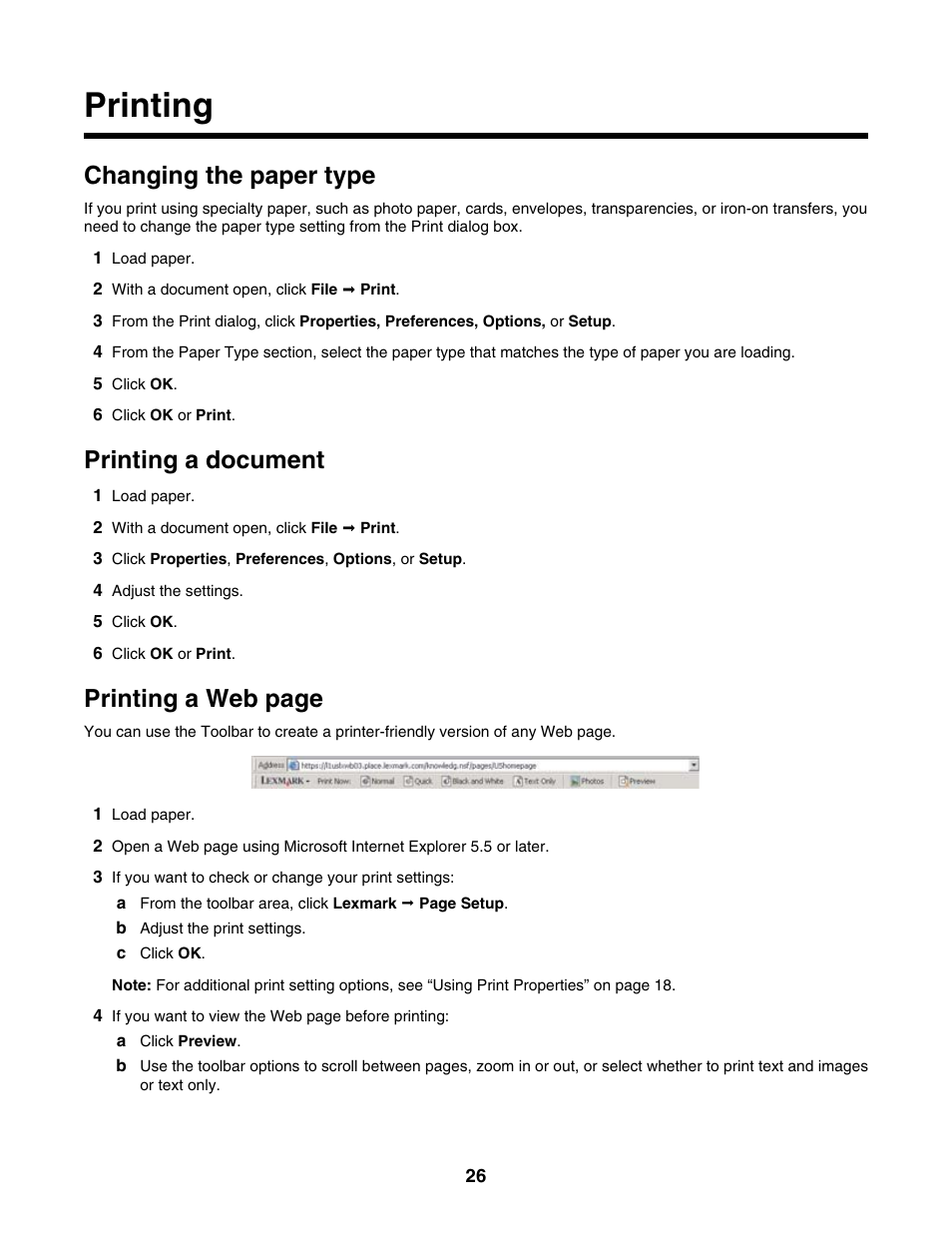 Printing, Changing the paper type, Printing a document | Printing a web page | Lexmark 2500 Series User Manual | Page 26 / 76