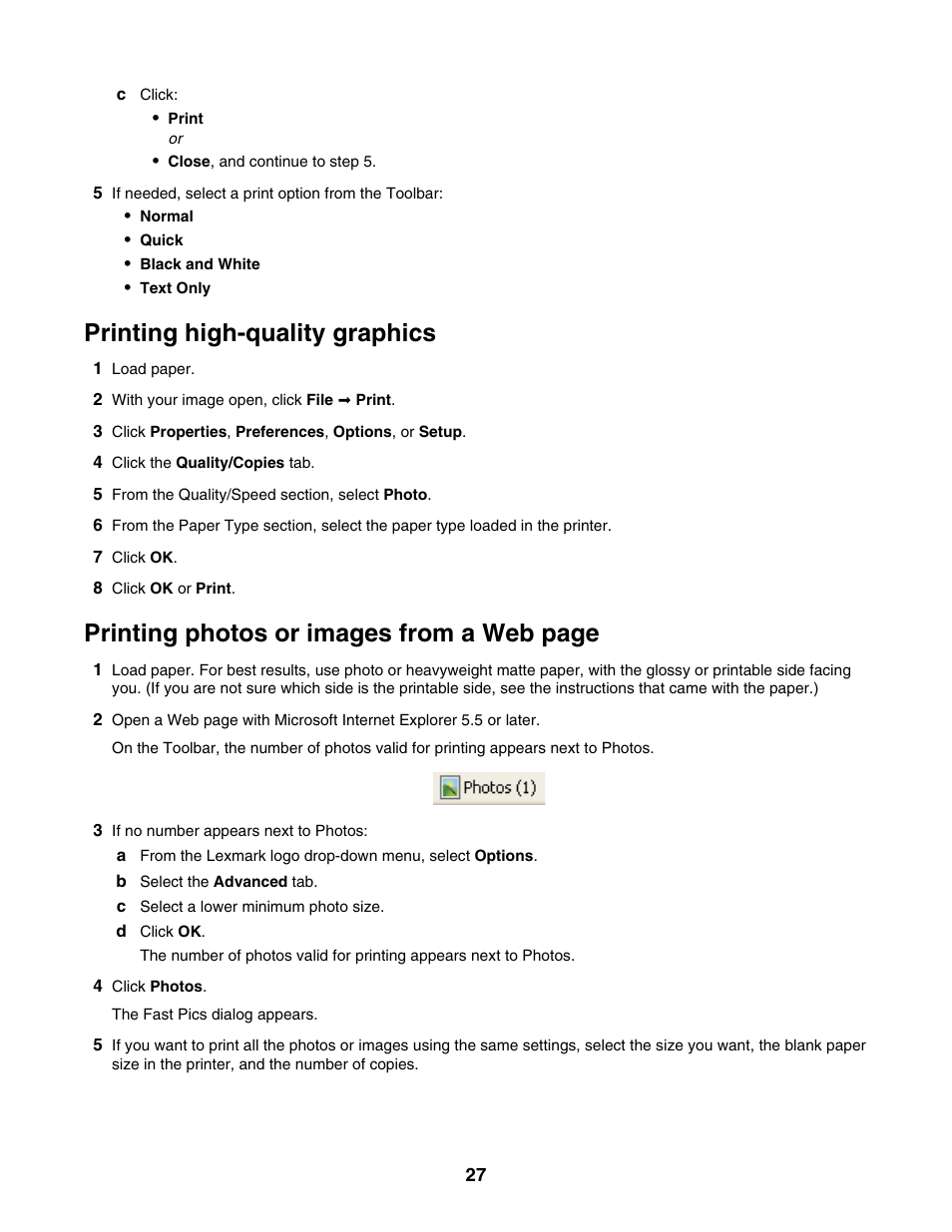 Printing high-quality graphics, Printing photos or images from a web page | Lexmark 2500 Series User Manual | Page 27 / 76