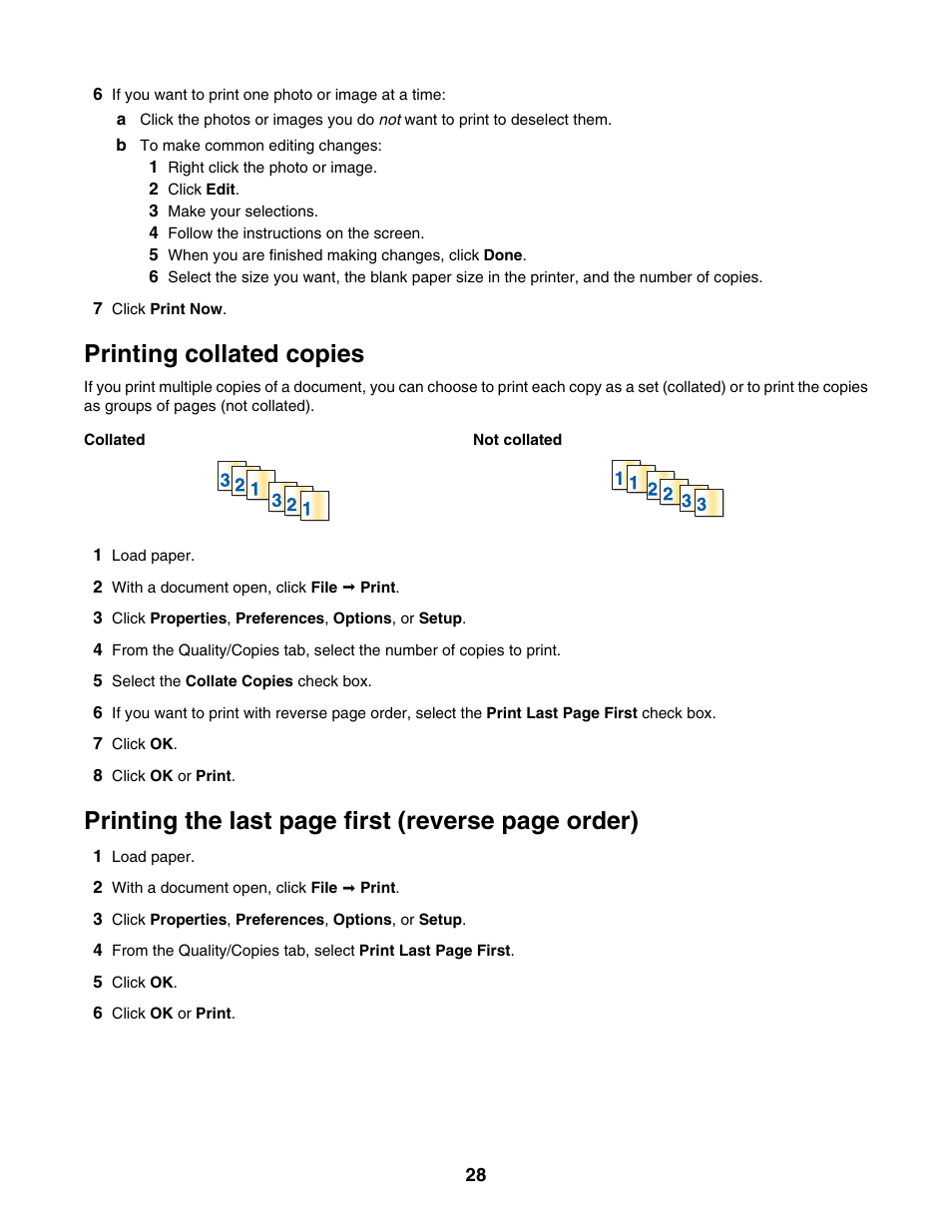 Printing collated copies, Printing the last page first (reverse page order) | Lexmark 2500 Series User Manual | Page 28 / 76