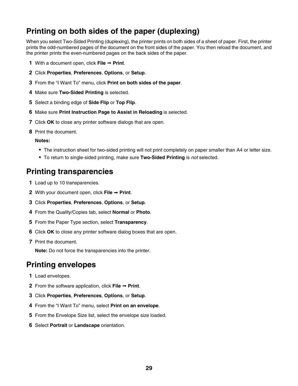 Printing on both sides of the paper (duplexing), Printing transparencies, Printing envelopes | Lexmark 2500 Series User Manual | Page 29 / 76