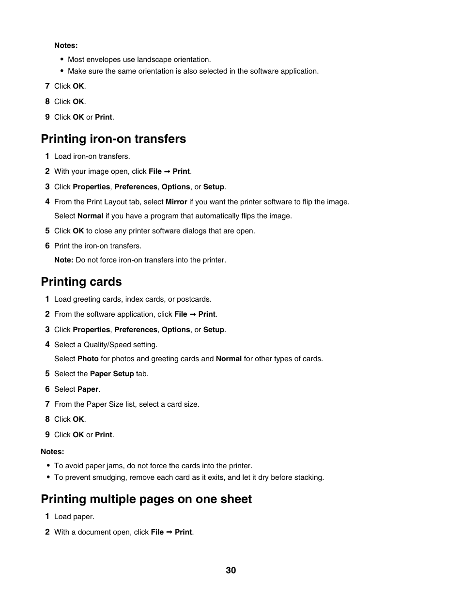 Printing iron-on transfers, Printing cards, Printing multiple pages on one sheet | Lexmark 2500 Series User Manual | Page 30 / 76