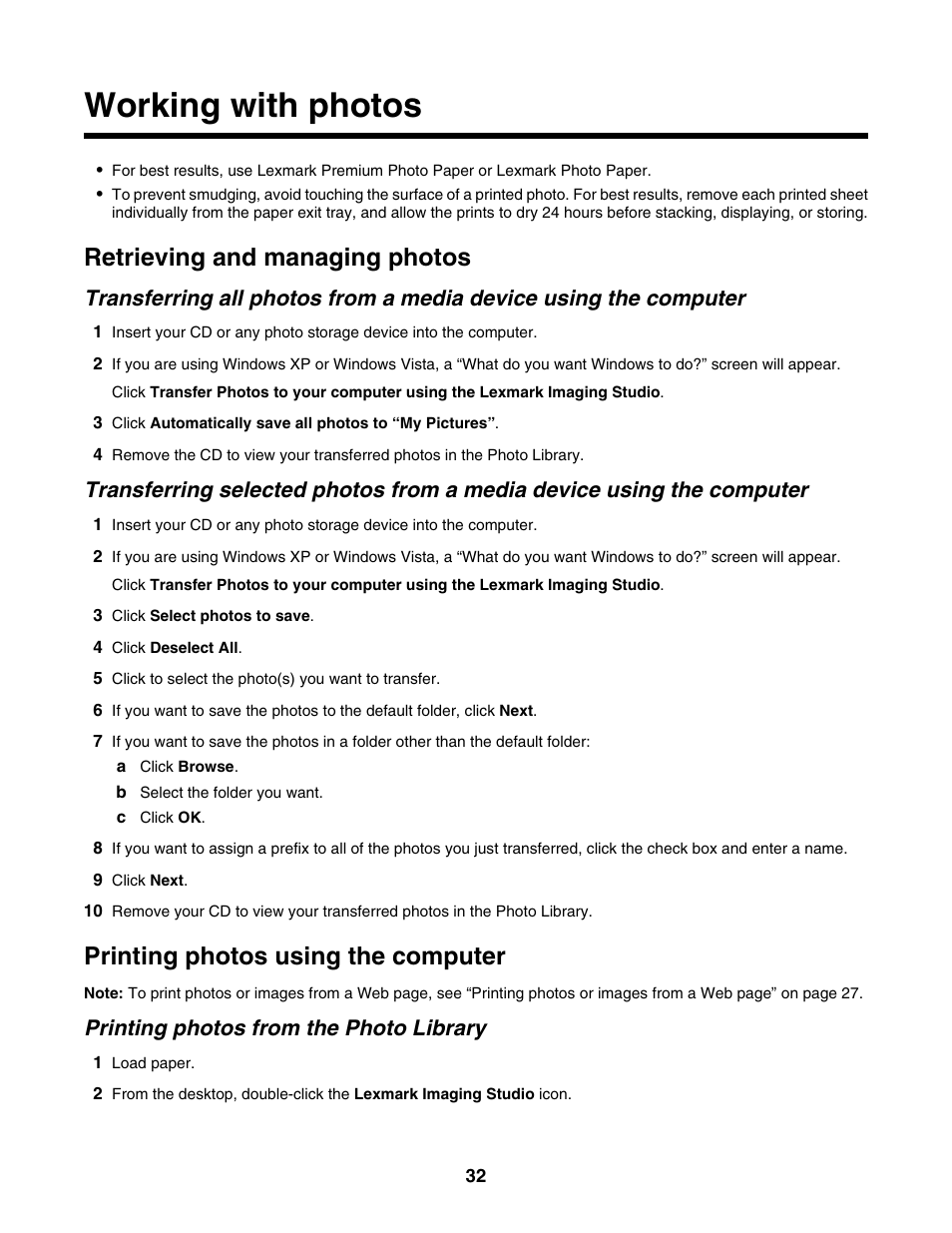 Working with photos, Retrieving and managing photos, Printing photos using the computer | Printing photos from the photo library | Lexmark 2500 Series User Manual | Page 32 / 76