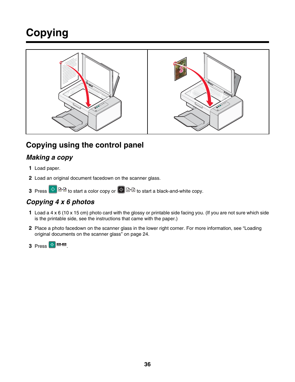 Copying, Copying using the control panel, Making a copy | Copying 4 x 6 photos | Lexmark 2500 Series User Manual | Page 36 / 76