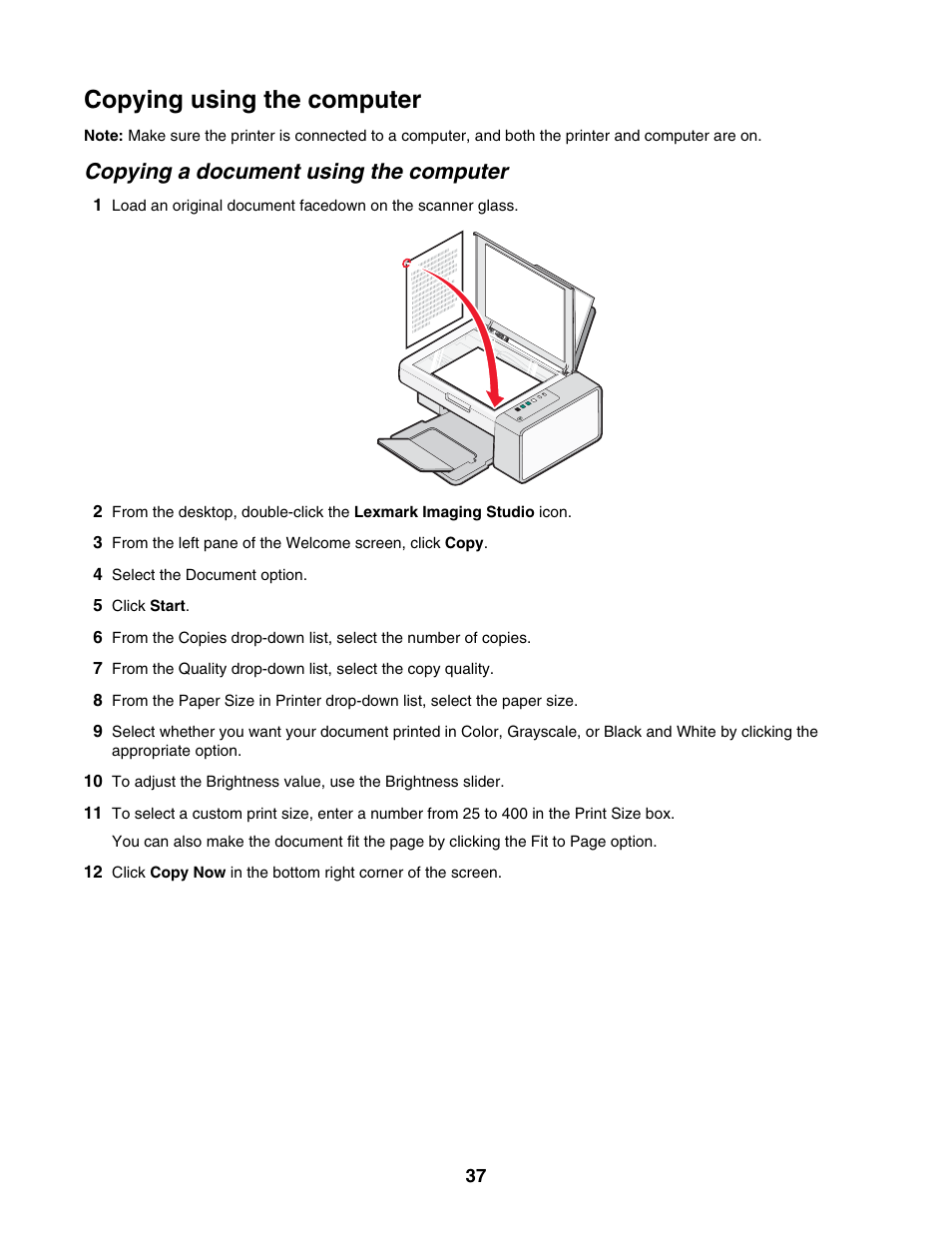 Copying using the computer, Copying a document using the computer | Lexmark 2500 Series User Manual | Page 37 / 76