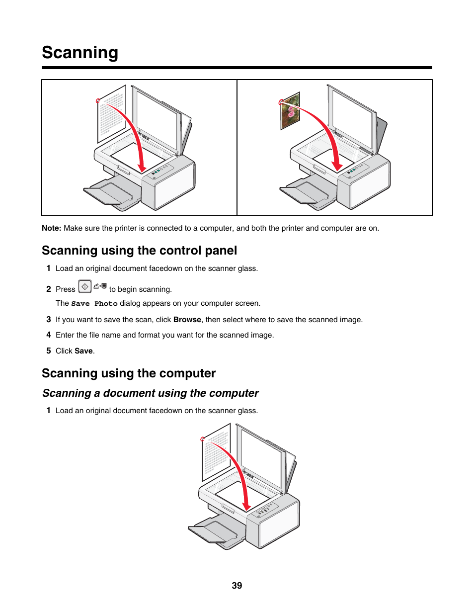 Scanning, Scanning using the control panel, Scanning using the computer | Scanning a document using the computer | Lexmark 2500 Series User Manual | Page 39 / 76