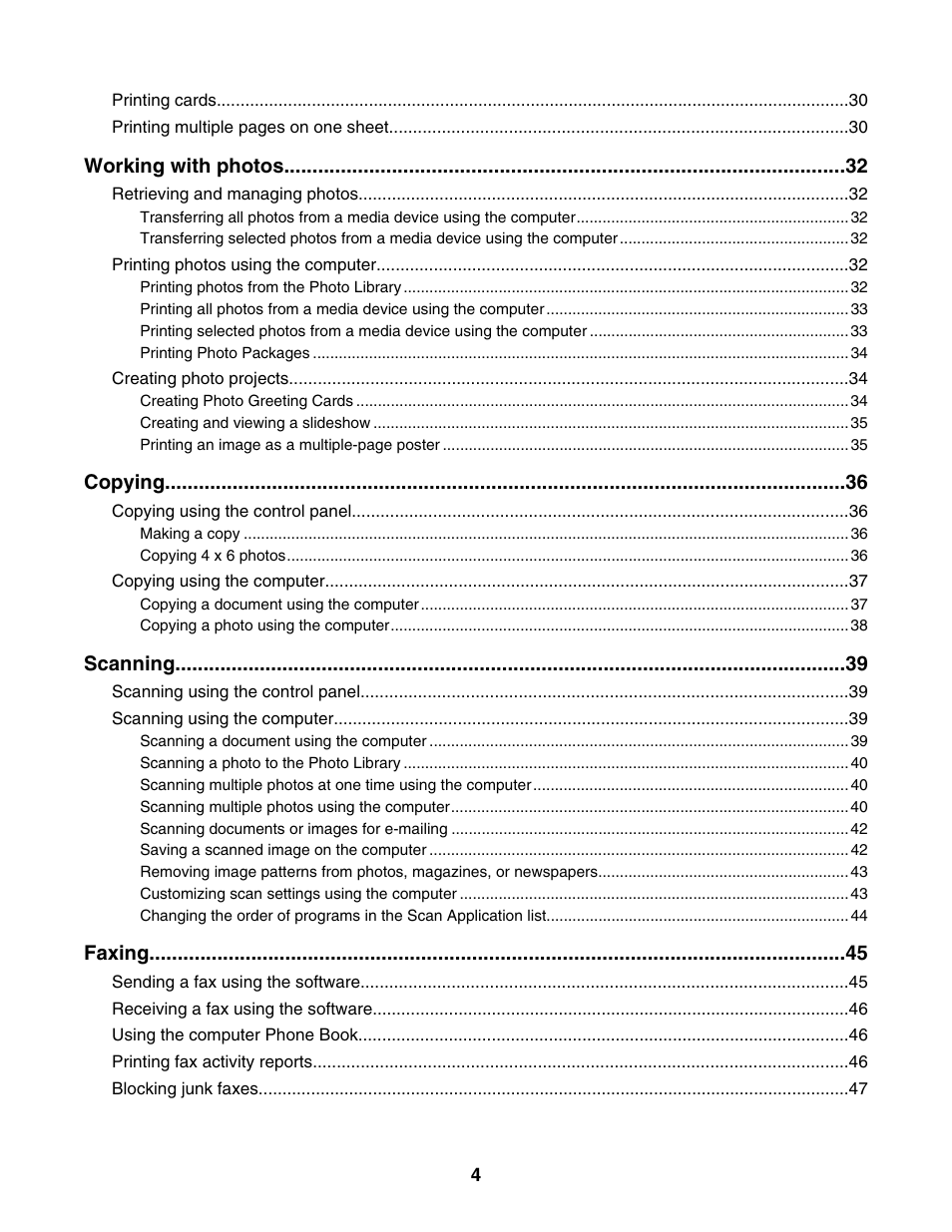 Working with photos, Copying, Scanning | Faxing | Lexmark 2500 Series User Manual | Page 4 / 76
