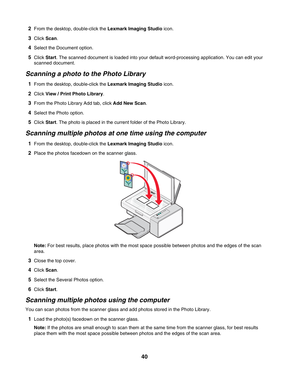 Scanning a photo to the photo library, Scanning multiple photos using the computer | Lexmark 2500 Series User Manual | Page 40 / 76