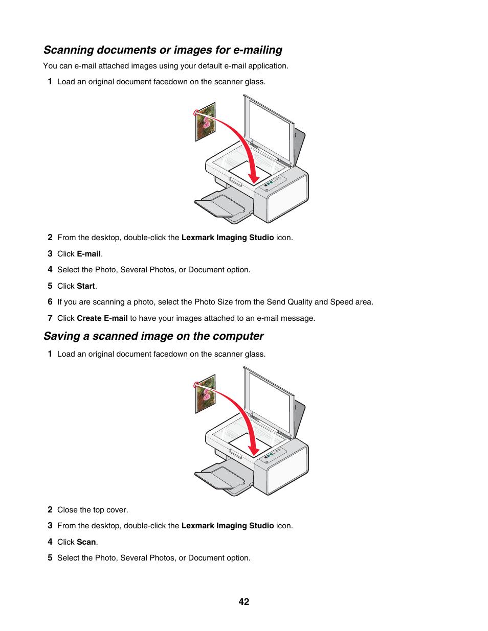 Scanning documents or images for e-mailing, Saving a scanned image on the computer | Lexmark 2500 Series User Manual | Page 42 / 76