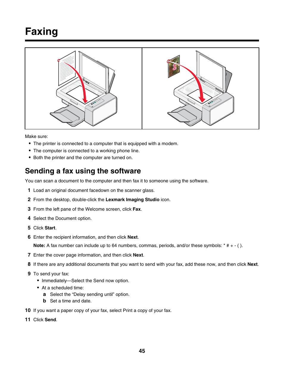 Faxing, Sending a fax using the software | Lexmark 2500 Series User Manual | Page 45 / 76