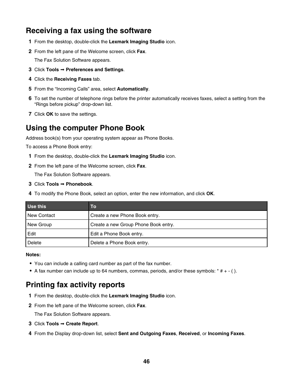 Receiving a fax using the software, Using the computer phone book, Printing fax activity reports | Lexmark 2500 Series User Manual | Page 46 / 76