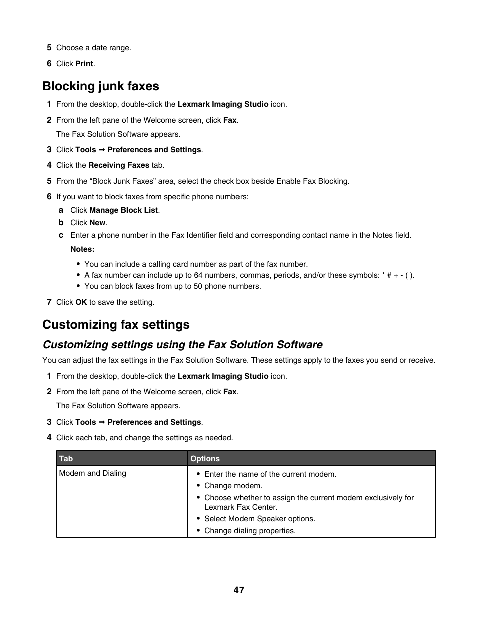 Blocking junk faxes, Customizing fax settings | Lexmark 2500 Series User Manual | Page 47 / 76