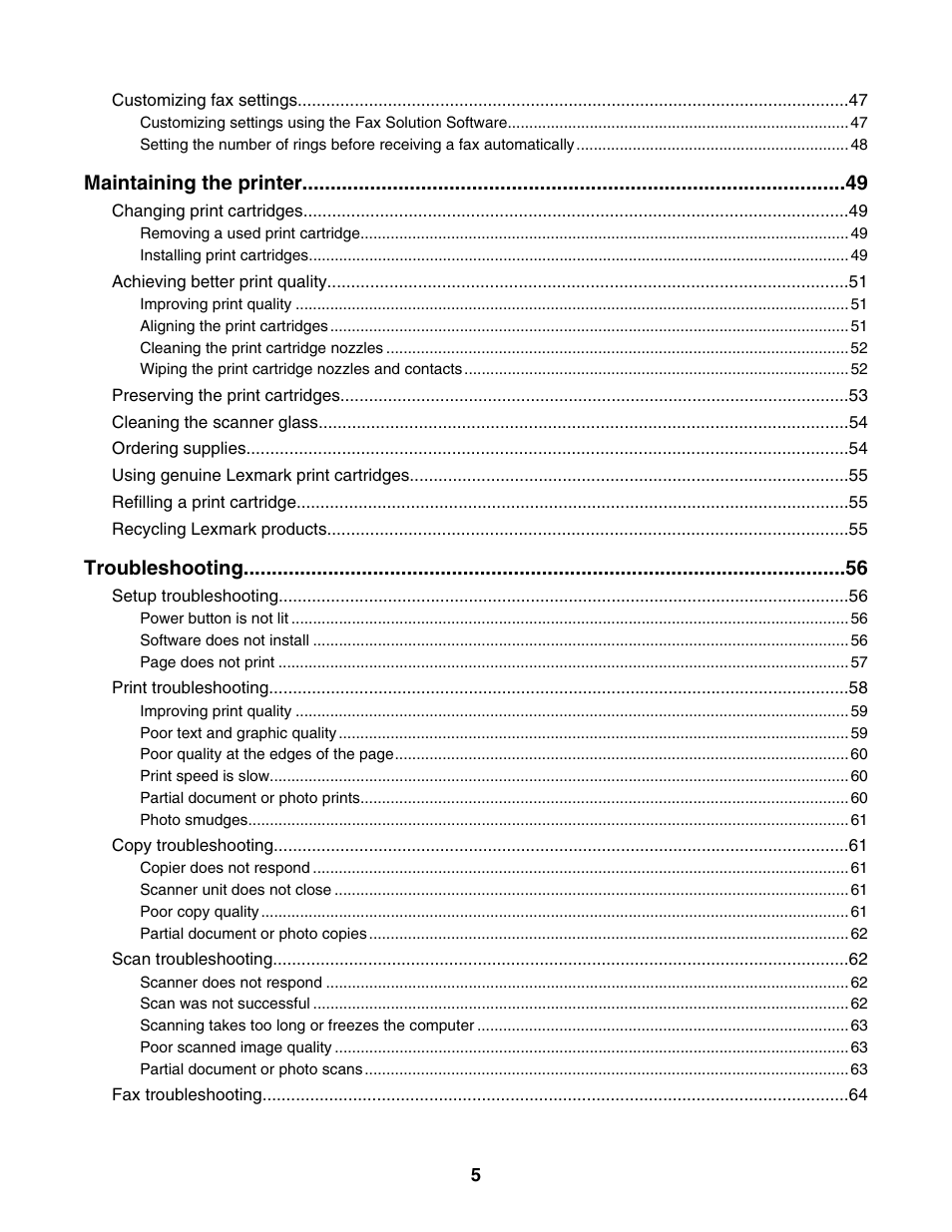 Maintaining the printer, Troubleshooting | Lexmark 2500 Series User Manual | Page 5 / 76