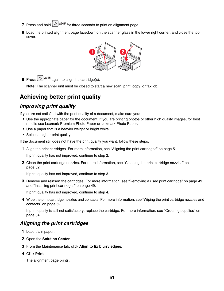 Achieving better print quality, Improving print quality, Aligning the print cartridges | Lexmark 2500 Series User Manual | Page 51 / 76