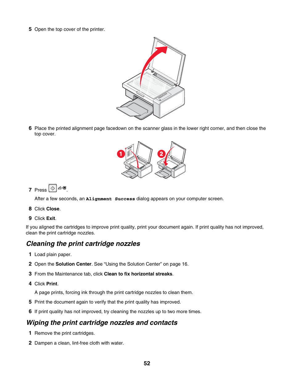 Cleaning the print cartridge nozzles, Wiping the print cartridge nozzles and contacts | Lexmark 2500 Series User Manual | Page 52 / 76