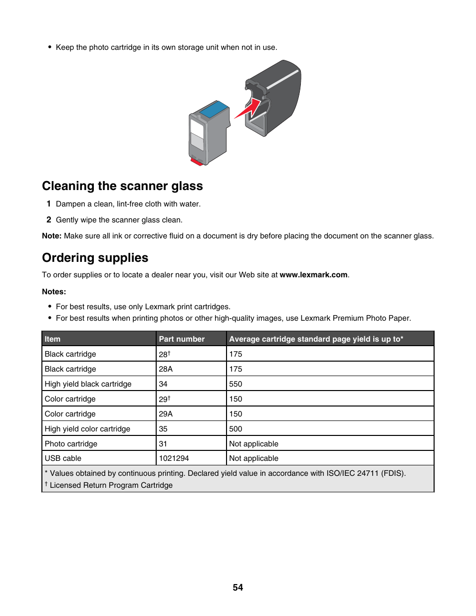 Cleaning the scanner glass, Ordering supplies | Lexmark 2500 Series User Manual | Page 54 / 76